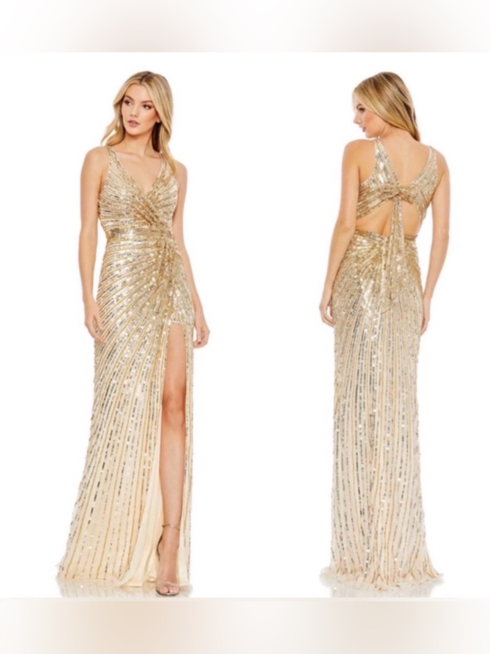 MAC DUGGAL Gold Sequin V Neck with Bow Back/ Open Back Evening Gown #5685 Sz: 2